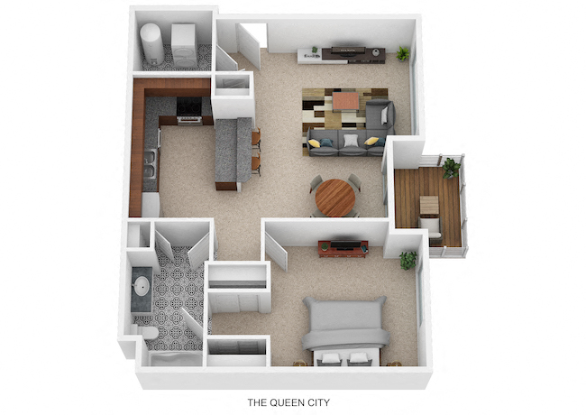Floor plan for 1 bed, 1 bath, 755 sqft